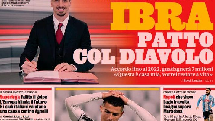 Prima Pagina, La Gazzetta dello Sport: “Ibra, patto col Diavolo! Lo United tenta CR7, Napoli che show” 