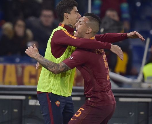  ROME, ITALY - FEBRUARY 19: Leandro Paredes of AS Roma celebrates with Diego Perotti after scoring a goal during the Serie A match between AS Roma and FC Torino at Stadio Olimpico on February 19, 2017 in Rome, Italy. (Photo by Luciano Rossi/AS Roma via Getty Images) 