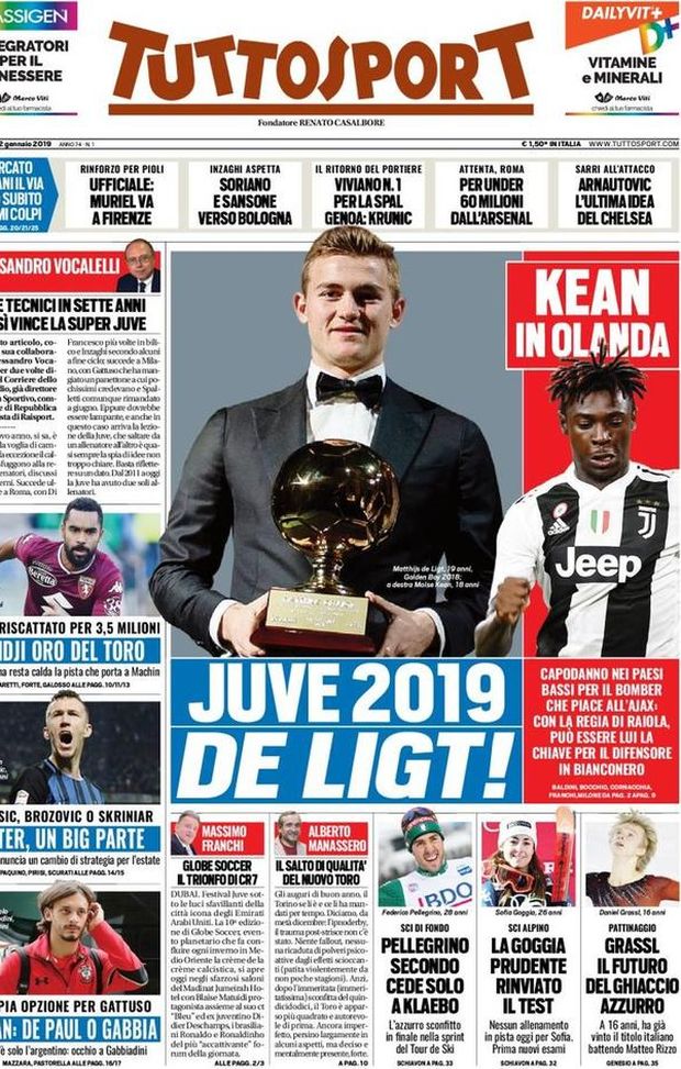 Prima Pagina, Tuttosport: “Juve 2019, De Ligt! Inter, un big parte. Milan: De Paul o Gabbia. Attenta Roma…” Prima Pagina, Tuttosport: “Juve 2019, De Ligt! Inter, un big parte. Milan: De Paul o Gabbia. Attenta Roma…”