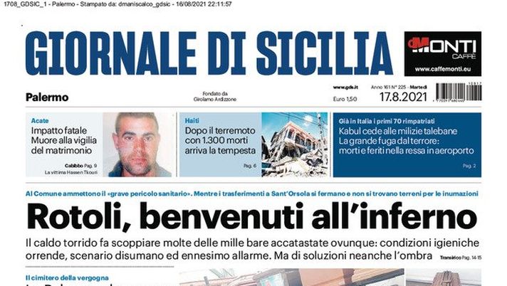 Prima Pagina, Giornale di Sicilia: “Rotoli, benvenuti all’inferno” Prima Pagina, Giornale di Sicilia: “Rotoli, benvenuti all’inferno”