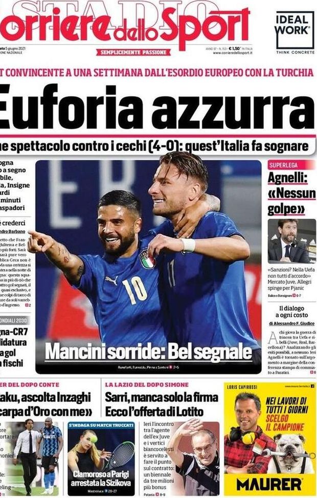 Prima Pagina, Corriere dello Sport: “Euforia azzurra, quest’Italia fa sognare” Prima Pagina, Corriere dello Sport: “Euforia azzurra, quest’Italia fa sognare”