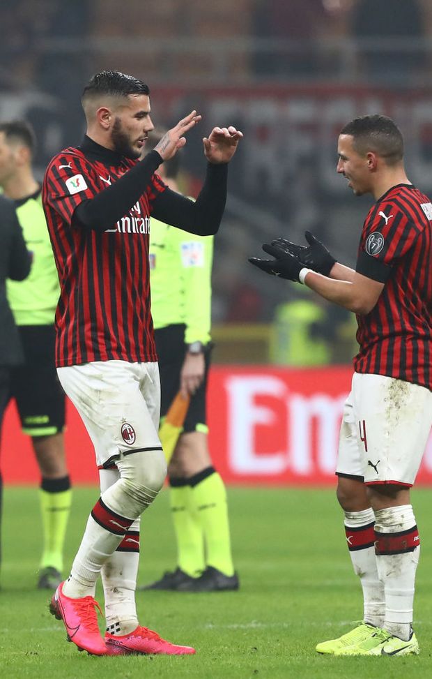 MILAN, ITALY - JANUARY 28: Theo Hernandez and Ismael Bennacer of AC Milan celebrate a victory at the end of the Coppa Italia Quarter Final match between AC Milan and Torino at San Siro on January 28, 2020 in Milan, Italy. (Photo by Marco Luzzani/Getty Images) MILAN, ITALY - JANUARY 28: Theo Hernandez and Ismael Bennacer of AC Milan celebrate a victory at the end of the Coppa Italia Quarter Final match between AC Milan and Torino at San Siro on January 28, 2020 in Milan, Italy. (Photo by Marco Luzzani/Getty Images)