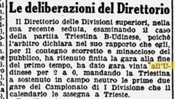 ACCADDE OGGI 26.1.1938 Il “direttorio” dà vinto il derby all’Udinese
