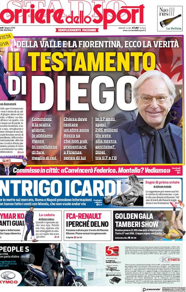 Prima Pagina, Corriere dello Sport: “Il testamento di Diego. Intrigo Icardi. Neymar, quanti guai” Prima Pagina, Corriere dello Sport: “Il testamento di Diego. Intrigo Icardi. Neymar, quanti guai”