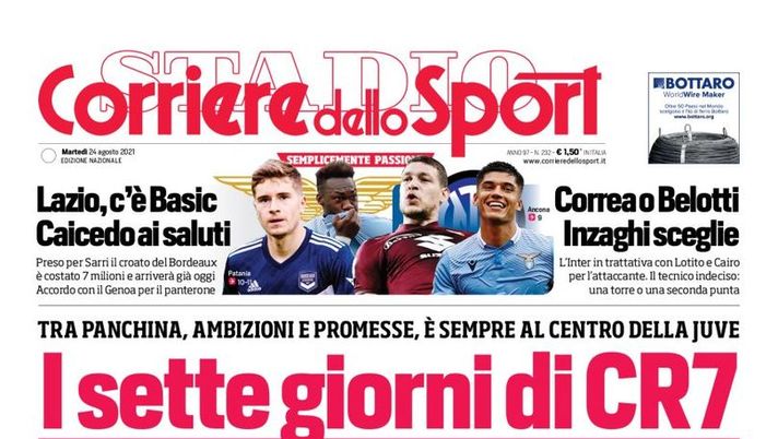 Prima Pagina, Corriere dello Sport: “I sette giorni di CR7. Inter, Correa o Belotti” 