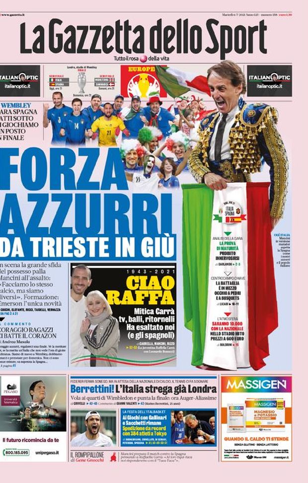 Prima Pagina, La Gazzetta dello Sport: “Forza Azzurri da Trieste in giù. Ciao Raffa” 