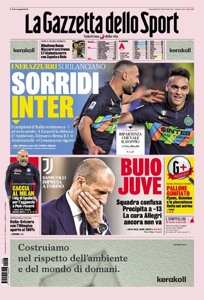 Prima Pagina, La Gazzetta dello Sport: “Sorridi Inter. Buio Juve” - immagine 1