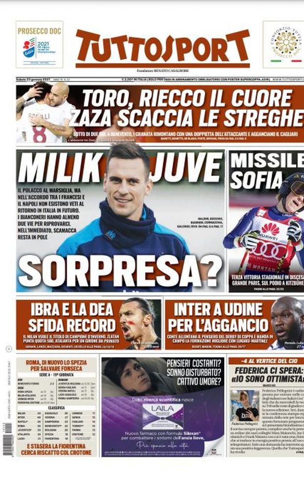 Prima Pagina, Tuttosport: “Milik-Juve, sorpresa? Ibra e la Dea, sfida da record. Inter a Udine per l’aggancio” 