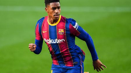 BARCELONA, SPAIN - NOVEMBER 29: Junior Firpo of FC Barcelona looks on during the La Liga Santander match between FC Barcelona and C.A. Osasuna at Camp Nou on November 29, 2020 in Barcelona, Spain. (Photo by David Ramos/Getty Images)