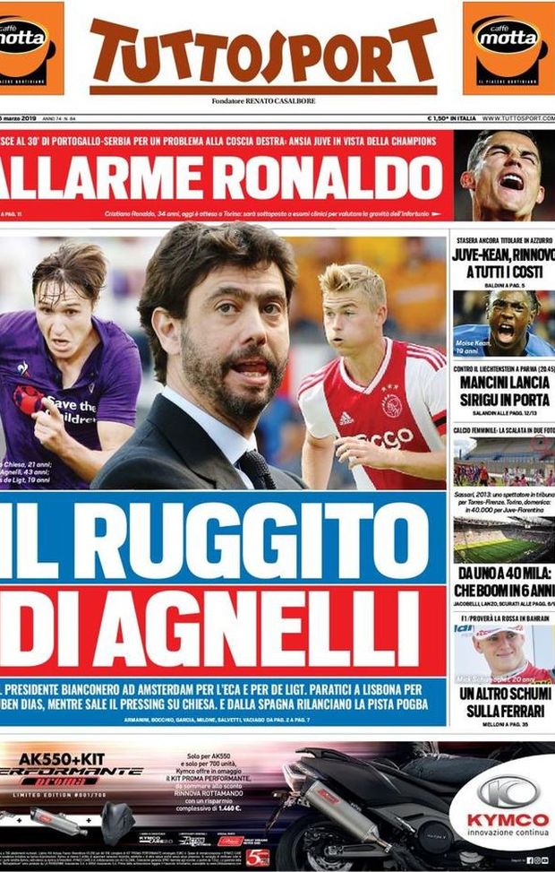 Prima Pagina, Tuttosport: “Il ruggito di Agnelli. Allarme Ronaldo. Mancini lancia Sirigu. Da uno a 40 mila” Prima Pagina, Tuttosport: “Il ruggito di Agnelli. Allarme Ronaldo. Mancini lancia Sirigu. Da uno a 40 mila”