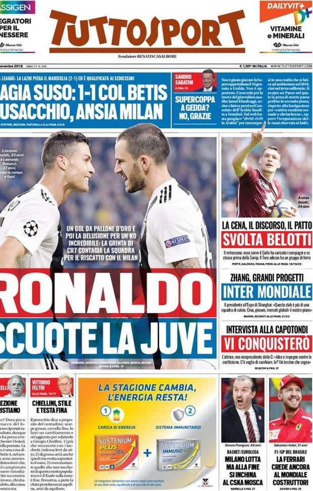 Prima Pagina, Tuttosport: “Ronaldo scuote la Juve. Magia Suso. La Lazio piega il Marsiglia…” Prima Pagina, Tuttosport: “Ronaldo scuote la Juve. Magia Suso. La Lazio piega il Marsiglia…”