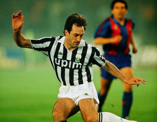 Italian footballer Luigi De Agostini of Juventus on the ball during the European Cup Winners' Cup semi-final, second leg, against Barcelona, at Stadio delle Alpi, Turin, 24th April 1991. Juventus won 1-0. (Photo by Shaun Botterill/Getty Images) Italian footballer Luigi De Agostini of Juventus on the ball during the European Cup Winners' Cup semi-final, second leg, against Barcelona, at Stadio delle Alpi, Turin, 24th April 1991. Juventus won 1-0. (Photo by Shaun Botterill/Getty Images)