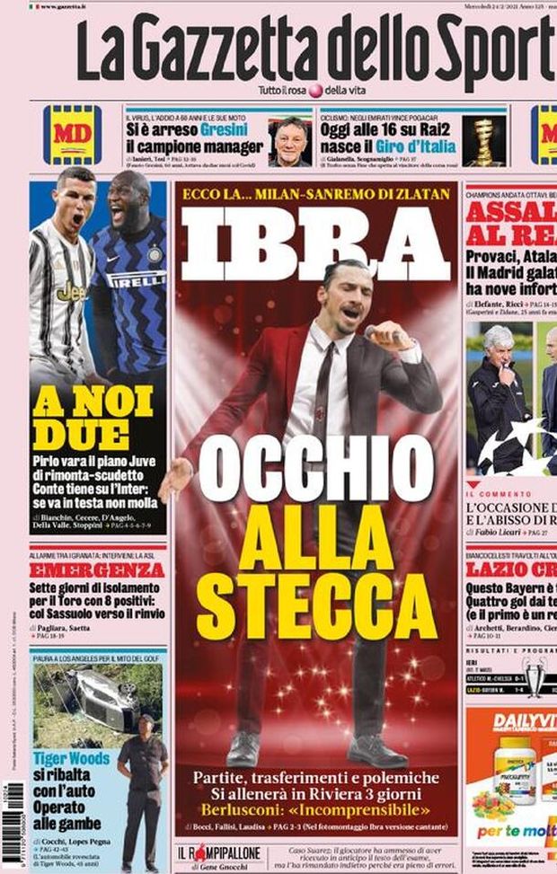  La Gazzetta dello Sport, la prima pagina di oggi, mercoledì 24 febbraio 2021 