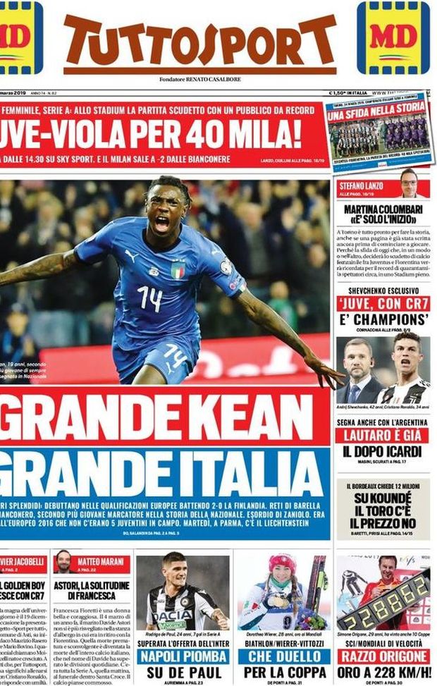 Prima Pagina, Tuttosport: “Grande Kean, grande Italia. Lautaro è già il dopo Icardi. Napoli su De Paul” Prima Pagina, Tuttosport: “Grande Kean, grande Italia. Lautaro è già il dopo Icardi. Napoli su De Paul”