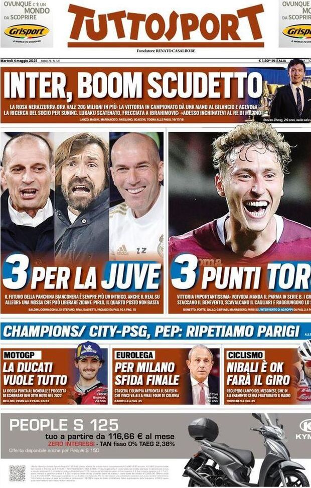 Prima Pagina, Tuttosport: “Inter, boom scudetto. 3 per la Juve, 3 punti Toro. Champions, City-Psg” 