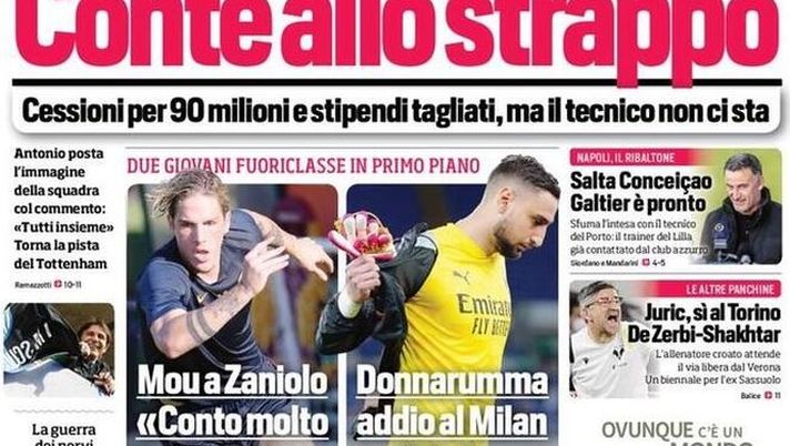 Prima Pagina, Corriere dello Sport: &#8220;Con Gattuso per vincere. Conte allo strappo. Donnarumma, addio al Milan e c&#8217;è la Juve&#8221; 