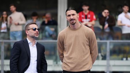 VERONA, ITALY - MARCH 17: Giorgio Furlani, CEO of AC Milan interacts with Zlatan Ibrahimovic prior to the Serie A TIM match between Hellas Verona FC and AC Milan at Stadio Marcantonio Bentegodi on March 17, 2024 in Verona, Italy. (Photo by Alessandro Sabattini/Getty Images)