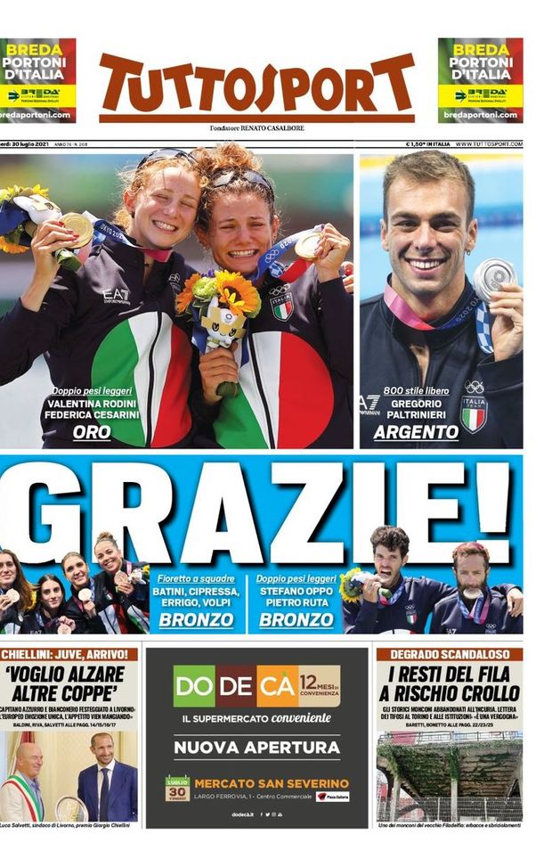 Prima Pagina, Tuttosport: “Grazie! Fioretto a squadre bronz, Paltrinieri argento&#8221; 