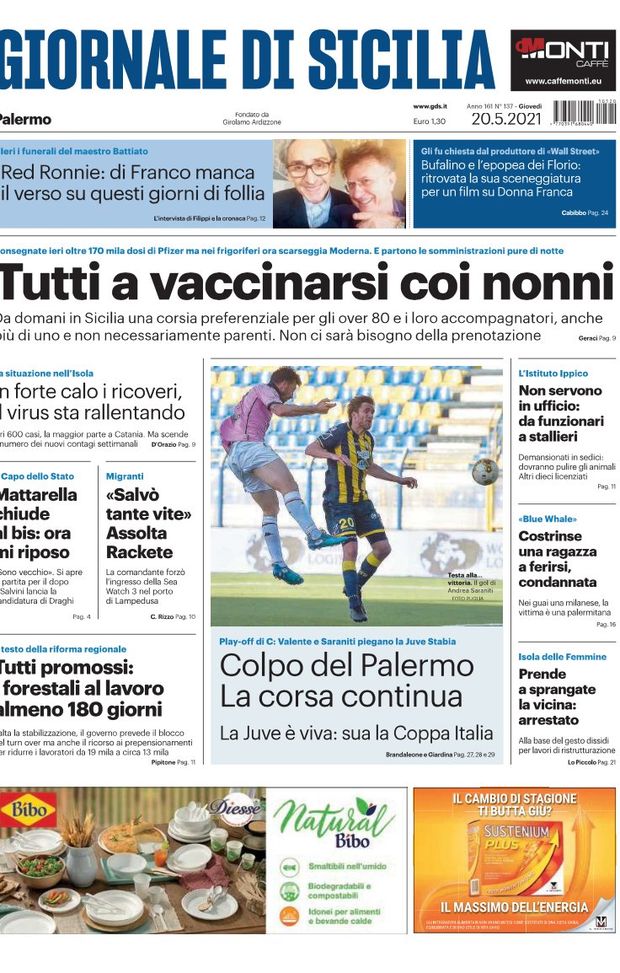 Prima Pagina, Giornale di Sicilia: “Tutti a vaccinarsi coi nonni. Colpo del Palermo, la corsa continua” Prima Pagina, Giornale di Sicilia: “Tutti a vaccinarsi coi nonni. Colpo del Palermo, la corsa continua”