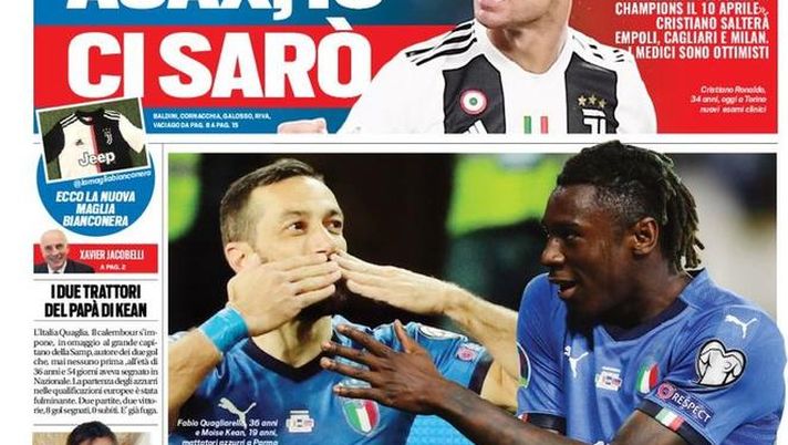 Prima Pagina, Tuttosport: “L’Italia Quaglia e Kean vola. Ajax, io ci sarò” 