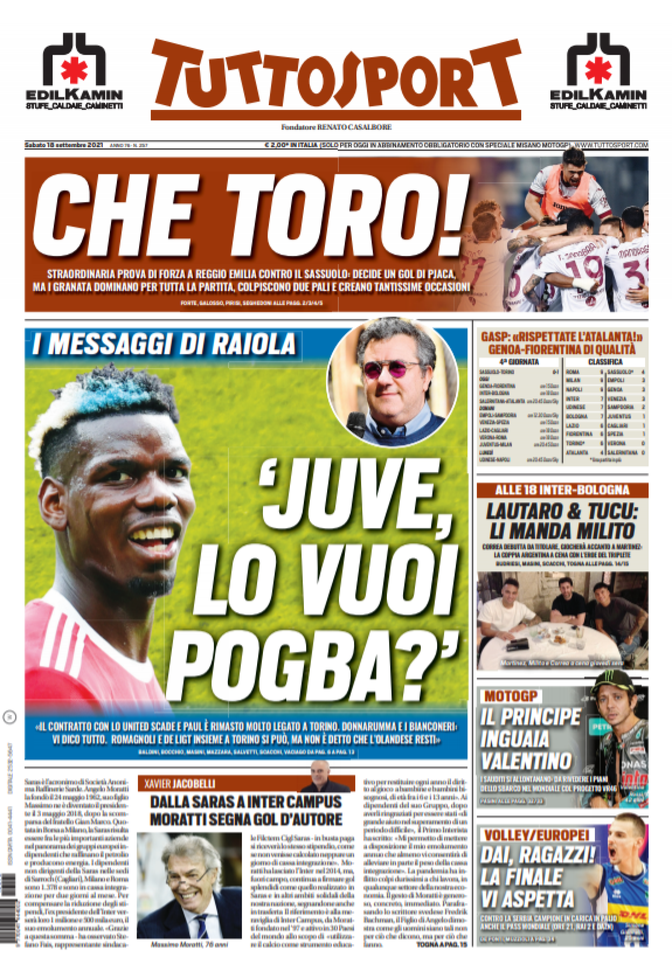 Prima Pagina, Tuttosport: “Juve, lo vuoi Pogba? I messaggi di Raiola. Che Toro!&#8221; 