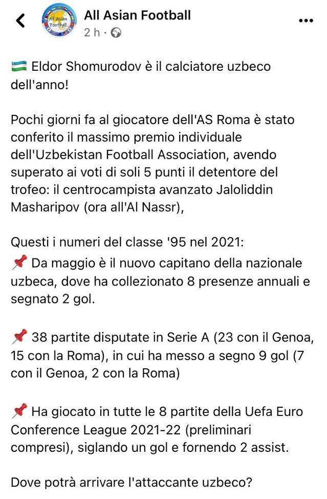 Rimpianto Genoa, gioia Roma: Eldor Shomurodov è il calciatore uzbeco dell’anno!- immagine 2