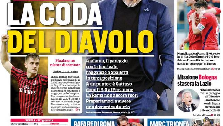 Prima Pagina, Corriere dello Sport: “La coda del Diavolo. Barza in lacrime. Viola-Genoa, playout” Prima Pagina, Corriere dello Sport: “La coda del Diavolo. Barza in lacrime. Viola-Genoa, playout”