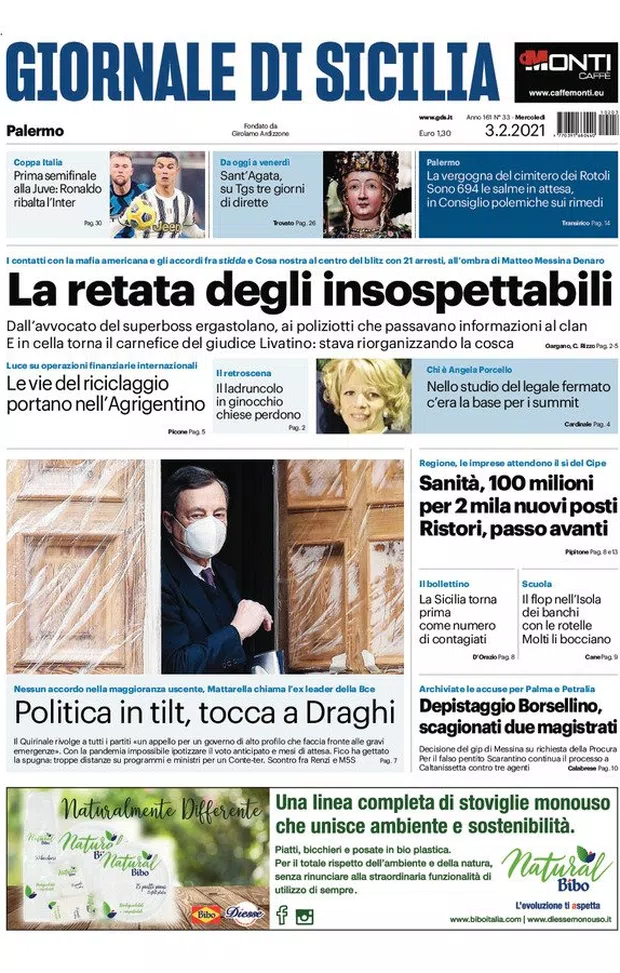 Prima Pagina, Giornale di Sicilia: &#8220;Mafia, la retata degli insospettabili. Politica in tilt, tocca a Draghi&#8221;