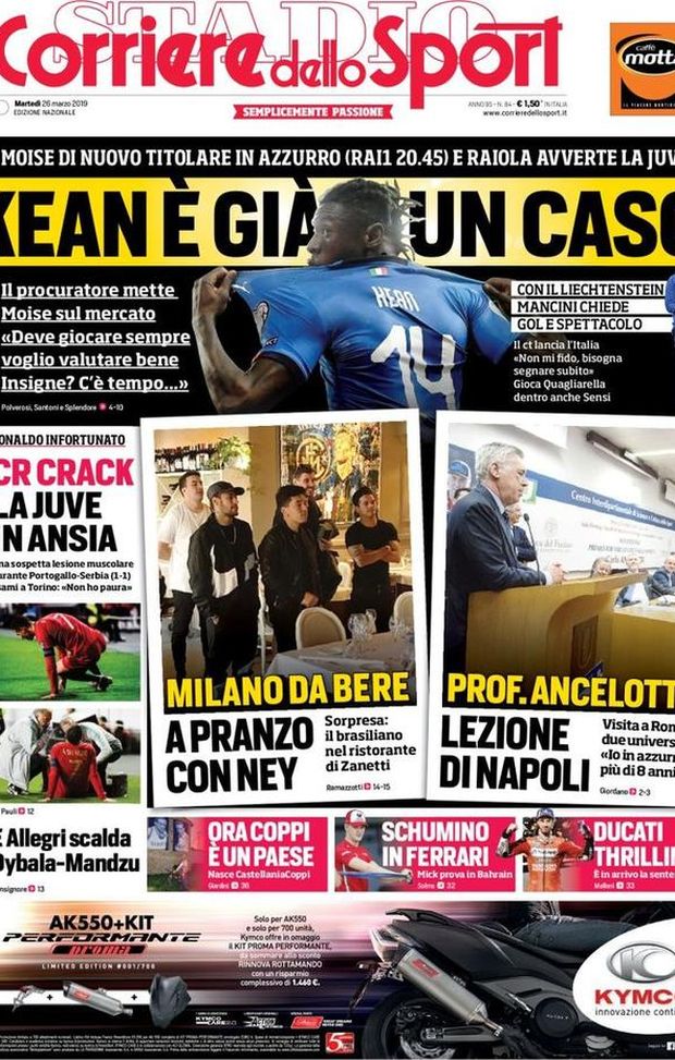 Prima Pagina, Corriere dello Sport: “Kean è già un caso. CR Crack, Juve in ansia. Prof. Ancelotti” Prima Pagina, Corriere dello Sport: “Kean è già un caso. CR Crack, Juve in ansia. Prof. Ancelotti”