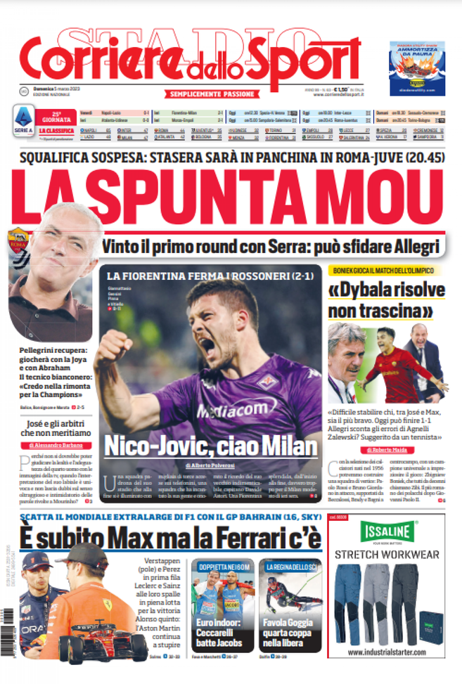 EDICOLA CDS / La spunta Mou: sarà in panchina in Roma-Juve. Nico-Jovic, ciao Milan- immagine 1