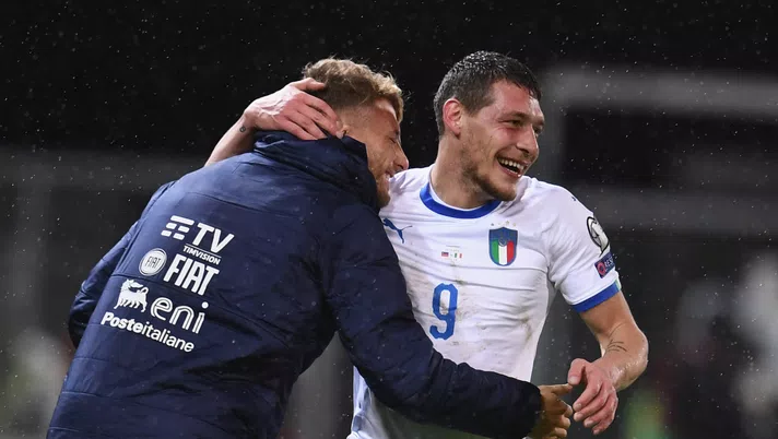 VADUZ, LIECHTENSTEIN - OCTOBER 15:  Andrea Belotti of Italy celebrates with Ciro Immobile of Italy after scoring the second goal during the UEFA Euro 2020 qualifier between Liechtenstein and Italy on October 15, 2019 in Vaduz, Liechtenstein.  (Photo by Claudio Villa/Getty Images)