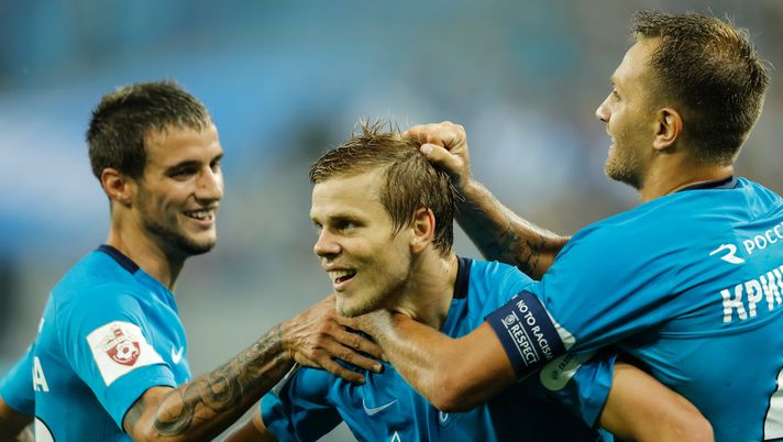 SAINT PETERSBURG, RUSSIA - AUGUST 06: Aleksandr Kokorin (C) of FC Zenit Saint Petersburg celebrates his goal with Emanuel Mammana (L) of FC Zenit Saint Petersburg and Domenico Criscito of FC Zenit Saint Petersburg during the Russian Football League match between FC Zenit St. Petersburg and FC Spartak Moscow at Saint Petersburg Stadium on August 6, 2017 in Saint Petersburg, Russia. (Photo by Epsilon/Getty Images) SAINT PETERSBURG, RUSSIA - AUGUST 06: Aleksandr Kokorin (C) of FC Zenit Saint Petersburg celebrates his goal with Emanuel Mammana (L) of FC Zenit Saint Petersburg and Domenico Criscito of FC Zenit Saint Petersburg during the Russian Football League match between FC Zenit St. Petersburg and FC Spartak Moscow at Saint Petersburg Stadium on August 6, 2017 in Saint Petersburg, Russia. (Photo by Epsilon/Getty Images)