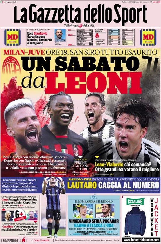Prima pagina Gazzetta dello Sport 08/10/2022
