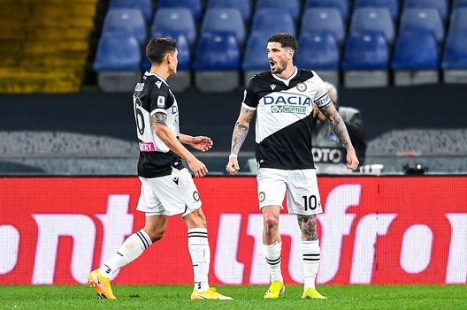 GENOA, ITALY - MARCH 13: Rodrigo De Paul of Udinese (R) celebrates with his team-mate Nahuel Molina after scoring a goal on a penalty kick during the Serie A match between Genoa CFC and Udinese Calcio at Stadio Luigi Ferraris on March 13, 2021 in Genoa, Italy. (Photo by Paolo Rattini/Getty Images) GENOA, ITALY - MARCH 13: Rodrigo De Paul of Udinese (R) celebrates with his team-mate Nahuel Molina after scoring a goal on a penalty kick during the Serie A match between Genoa CFC and Udinese Calcio at Stadio Luigi Ferraris on March 13, 2021 in Genoa, Italy. (Photo by Paolo Rattini/Getty Images)
