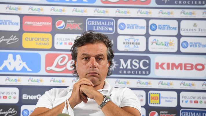 CASTEL DI SANGRO, ITALY - SEPTEMBER 04: Cristiano Giuntoli speaks during SSC Napoli Press Conference on September 04, 2020 in Castel di Sangro, Italy. (Photo by SSC NAPOLI/SSC NAPOLI via Getty Images,) 