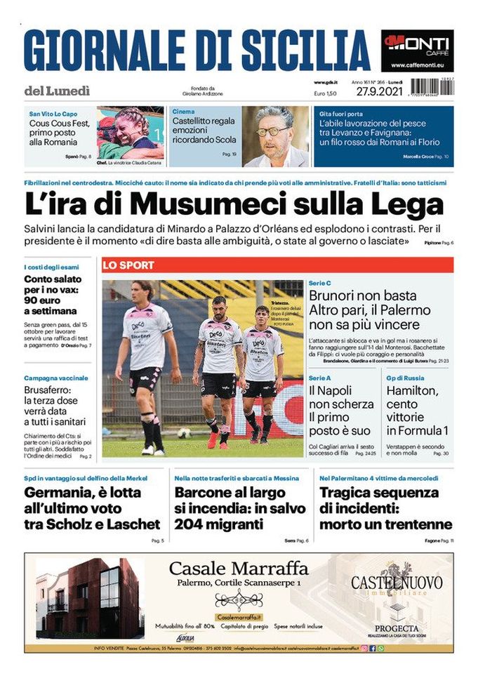 Prima Pagina, Giornale di Sicilia: “L’ira di Musumeci sulla Lega” 