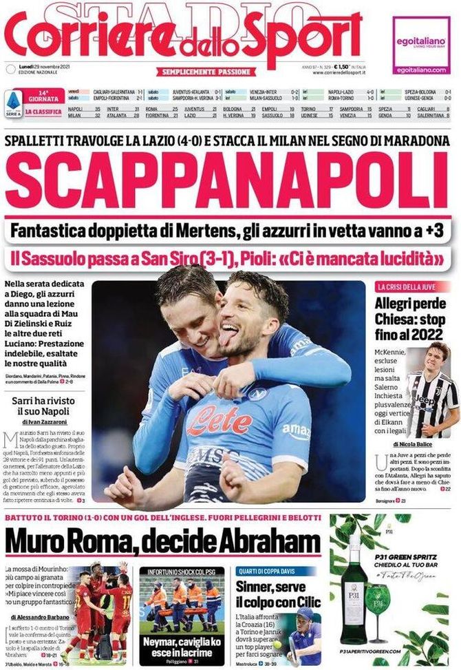 Il Corriere dello Sport, la prima pagina di oggi, lunedì 29 novembre 2021
