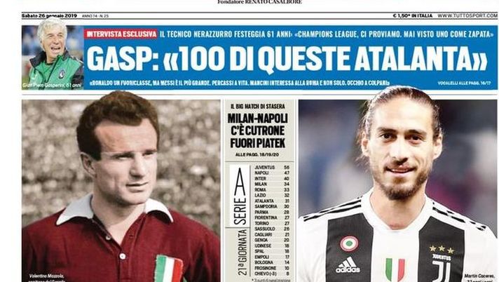 Prima Pagina, Tuttosport: “Juve, ecco Caceres III. Buon compleanno Valentino. Milan-Napoli, fuori Piatek…” Prima Pagina, Tuttosport: “Juve, ecco Caceres III. Buon compleanno Valentino. Milan-Napoli, fuori Piatek…”