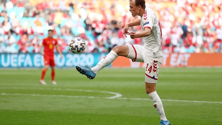 AMSTERDAM, NETHERLANDS - JUNE 26: Mikkel Damsgaard of Denmark looks to control the ball during the UEFA Euro 2020 Championship Round of 16 match between Wales and Denmark at Johan Cruijff Arena on June 26, 2021 in Amsterdam, Netherlands. (Photo by Dean Mouhtaropoulos/Getty Images) AMSTERDAM, NETHERLANDS - JUNE 26: Mikkel Damsgaard of Denmark looks to control the ball during the UEFA Euro 2020 Championship Round of 16 match between Wales and Denmark at Johan Cruijff Arena on June 26, 2021 in Amsterdam, Netherlands. (Photo by Dean Mouhtaropoulos/Getty Images)