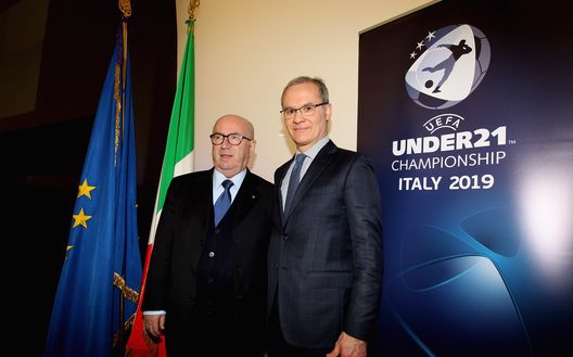 ROME, ITALY - MARCH 01:  FIGC President Carlo Tavecchio and UEFA Deputy General Secretary Giorgio Marchetti pose during a Italian Football Federation (FIGC) press conference on ' UEFA Euro U21 2019 Finals' on March 1, 2017 in Rome, Italy.  (Photo by Paolo Bruno/Getty Images) 