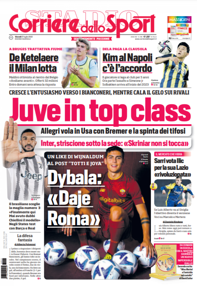Il Corriere dello Sport, la prima pagina di oggi, giovedì 21 luglio 2022