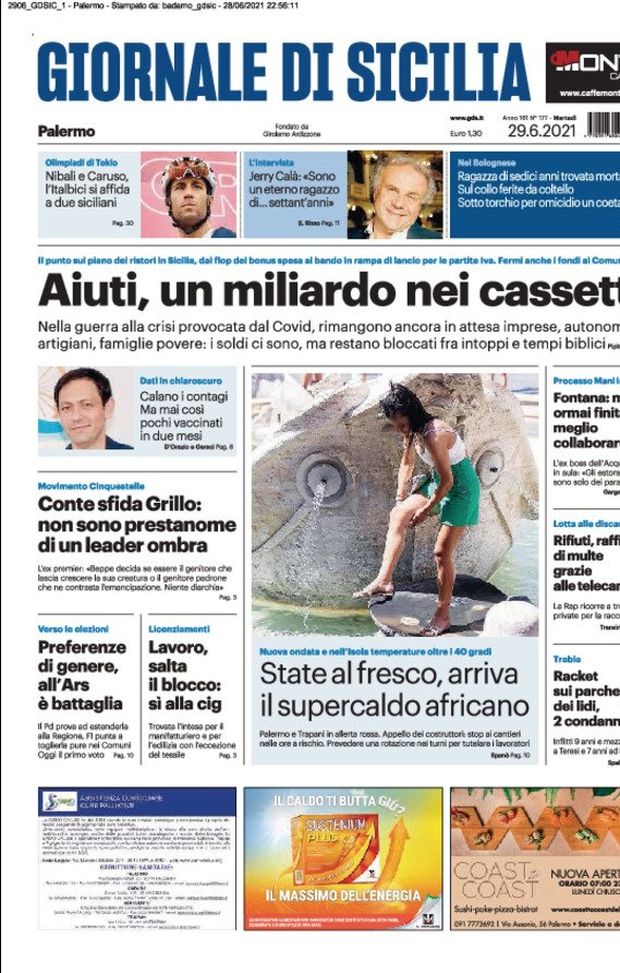 Prima Pagina, Giornale di Sicilia: “Aiuti, un miliardo nei cassetti. Arriva il supercaldo africano“  Prima Pagina, Giornale di Sicilia: “Aiuti, un miliardo nei cassetti. Arriva il supercaldo africano“