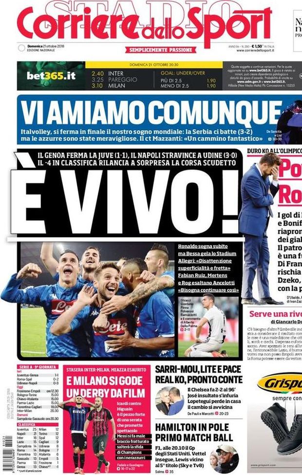 Prima Pagina, Corriere dello Sport: “E’ vivo! Povera Roma. Sarri-Mou, lite e pace. Real ko, pronto Conte…” Prima Pagina, Corriere dello Sport: “E’ vivo! Povera Roma. Sarri-Mou, lite e pace. Real ko, pronto Conte…”