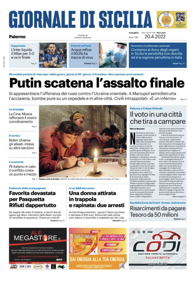 Prima Pagina, Giornale di Sicilia: “Putin scatena l’assalto finale” prima pagina