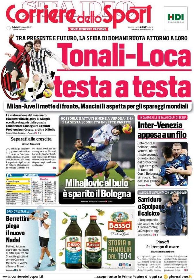 Il Corriere dello Sport, la prima pagina di oggi, sabato 22 gennaio 2022