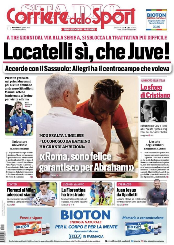 Prima Pagina, Corriere dello Sport: “Florenzi-Milan, ci siamo. Lo sfogo di CR7”  Prima Pagina, Corriere dello Sport: “Florenzi-Milan, ci siamo. Lo sfogo di CR7”