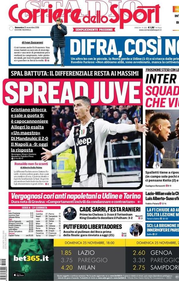 Prima Pagina, Corriere dello Sport: “Spread Juve. DiFra, così no! Putiferio Libertadores. Lazio-Milan…” Prima Pagina, Corriere dello Sport: “Spread Juve. DiFra, così no! Putiferio Libertadores. Lazio-Milan…”