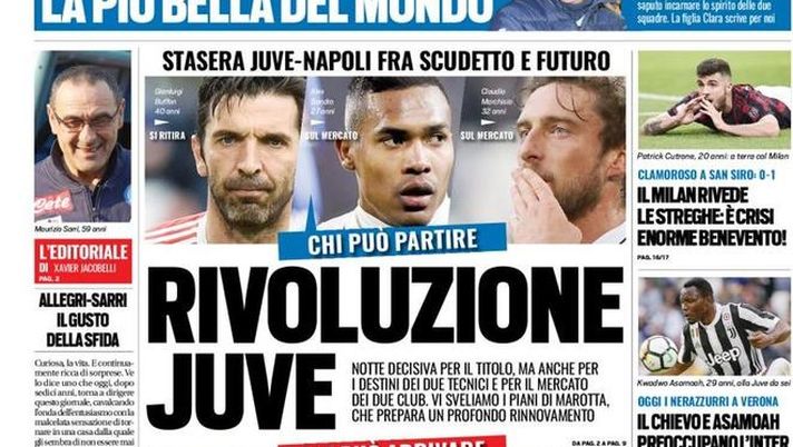 Prima Pagina, Tuttosport: &#8220;Rivoluzione Juve. Allegri-Sarri, il gusto della sfida. Roma: &#8216;Liverpool, eccoci&#8217;. Atalanta-Toro nel segno di Mondonico&#8230;&#8221; 