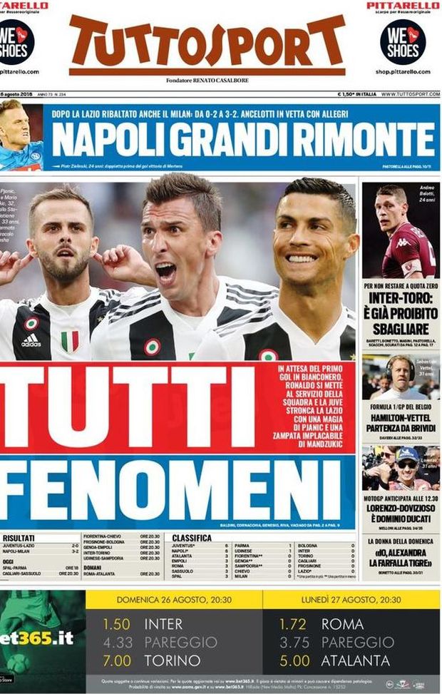 Prima Pagina, Tuttosport: “Tutti fenomeni. Napoli grandi rimonte. Inter-Toro, proibito sbagliare…” Prima Pagina, Tuttosport: “Tutti fenomeni. Napoli grandi rimonte. Inter-Toro, proibito sbagliare…”