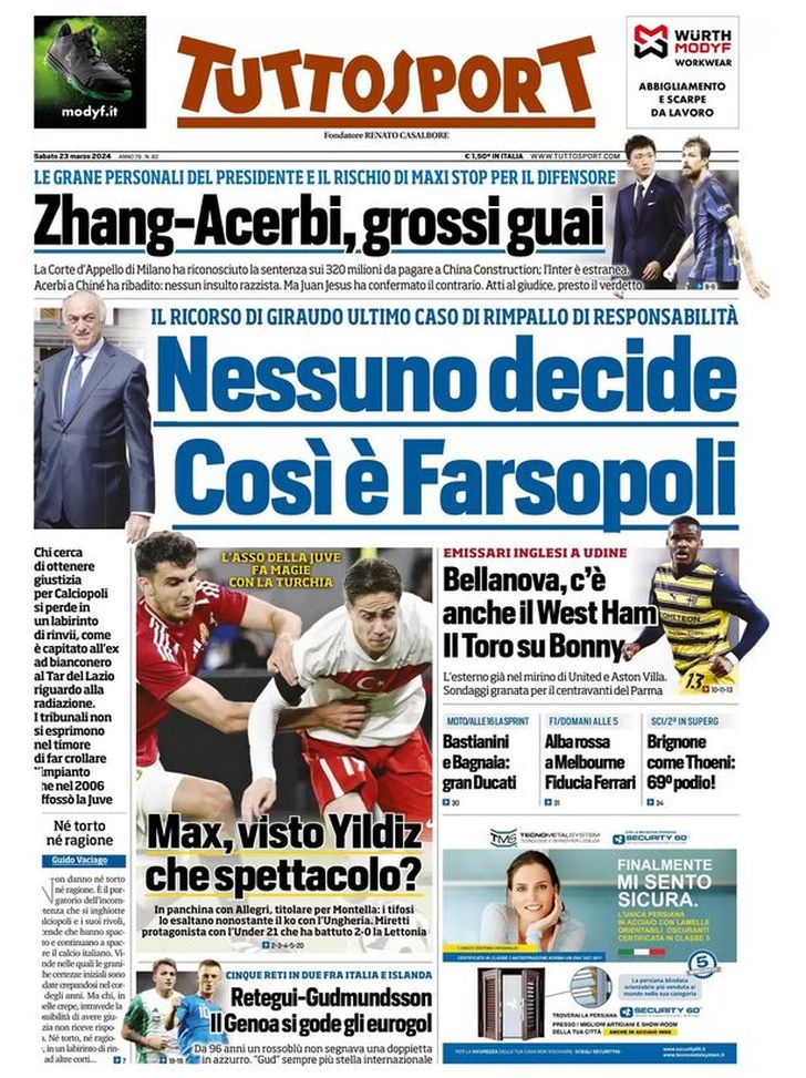 EDICOLA TS – Grane personali di Zhang, rischio maxi stop per Acerbi: grossi guai - immagine 1